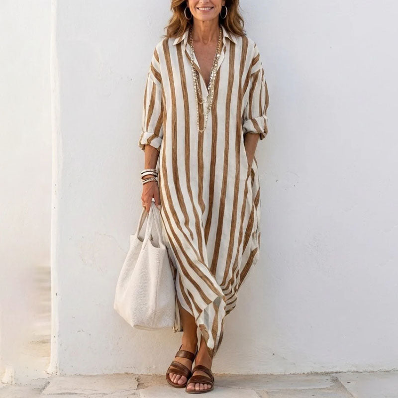 Adele - Women's Striped Shirt Midi Dress