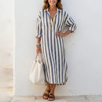 Adele - Women's Striped Shirt Midi Dress