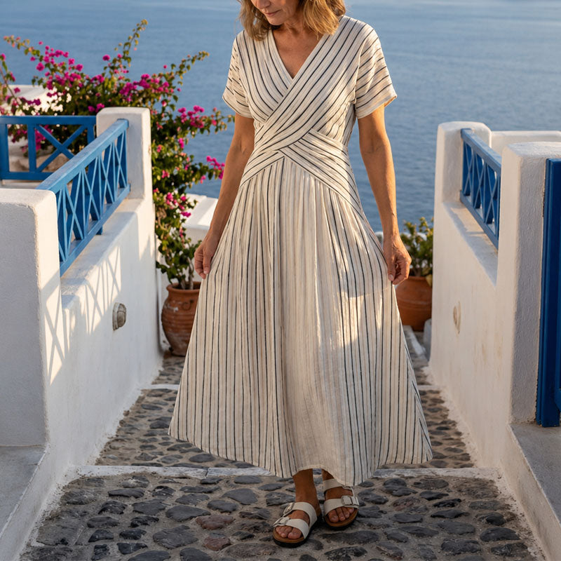Alanna - Women's Striped Wrap-Style Midi Dress