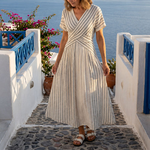 Alanna - Women's Striped Wrap-Style Midi Dress