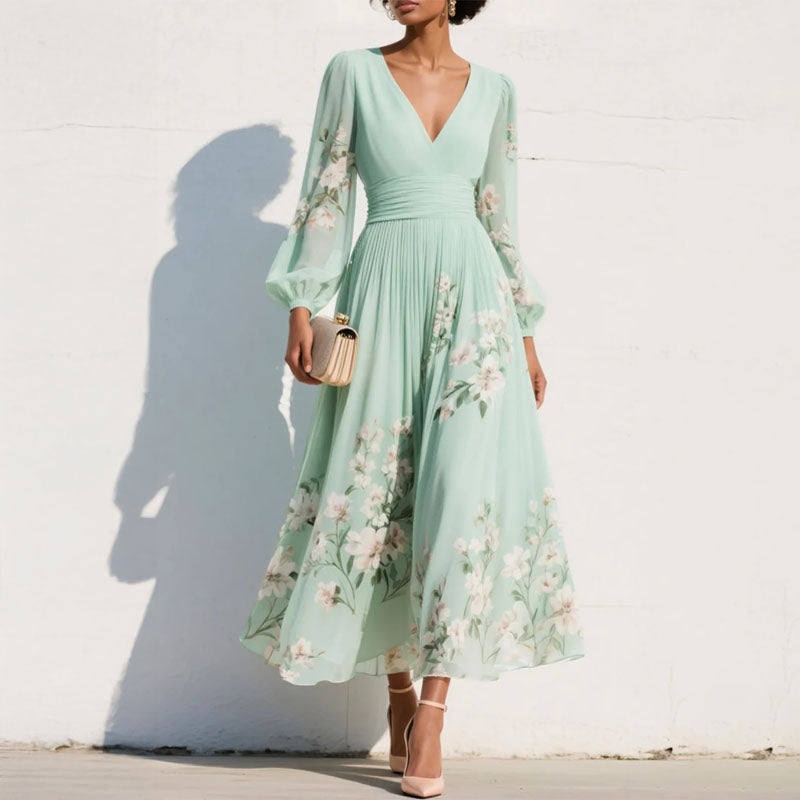 Alexis - Women's Floral V-Neck Pleated Midi Dress
