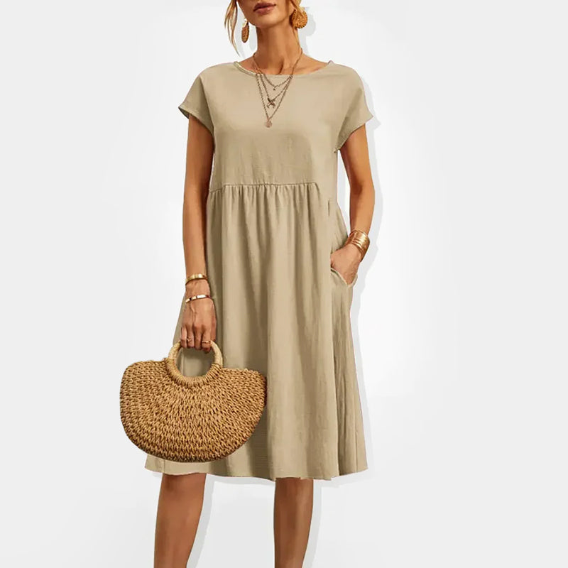Alira - Women’s Cotton Midi Dress with Short Sleeves and Pockets