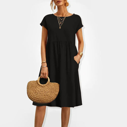 Alira - Women’s Cotton Midi Dress with Short Sleeves and Pockets