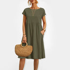 Alira - Women’s Cotton Midi Dress with Short Sleeves and Pockets
