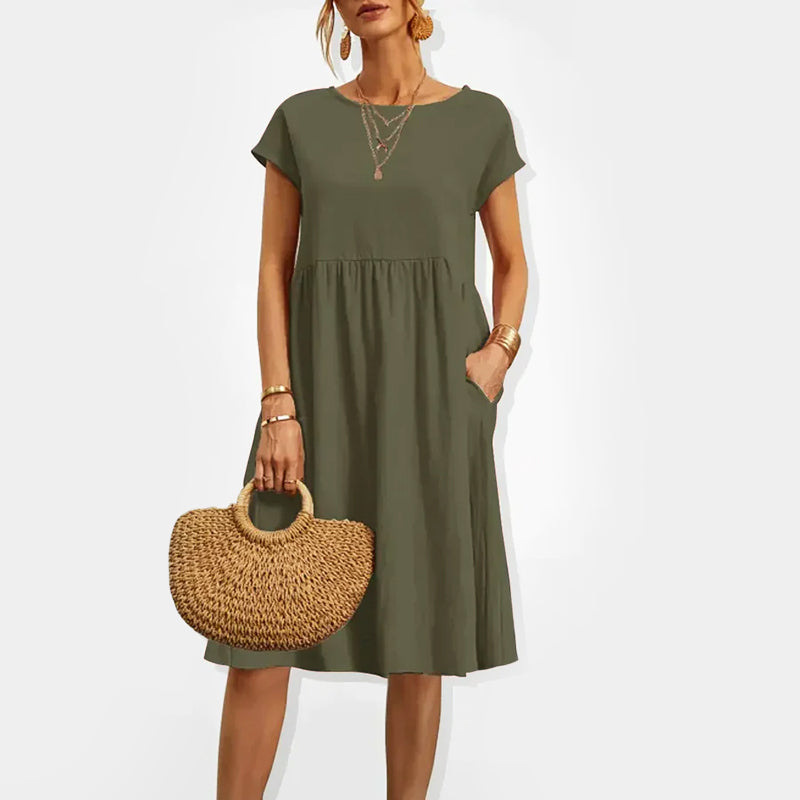 Alira - Women’s Cotton Midi Dress with Short Sleeves and Pockets