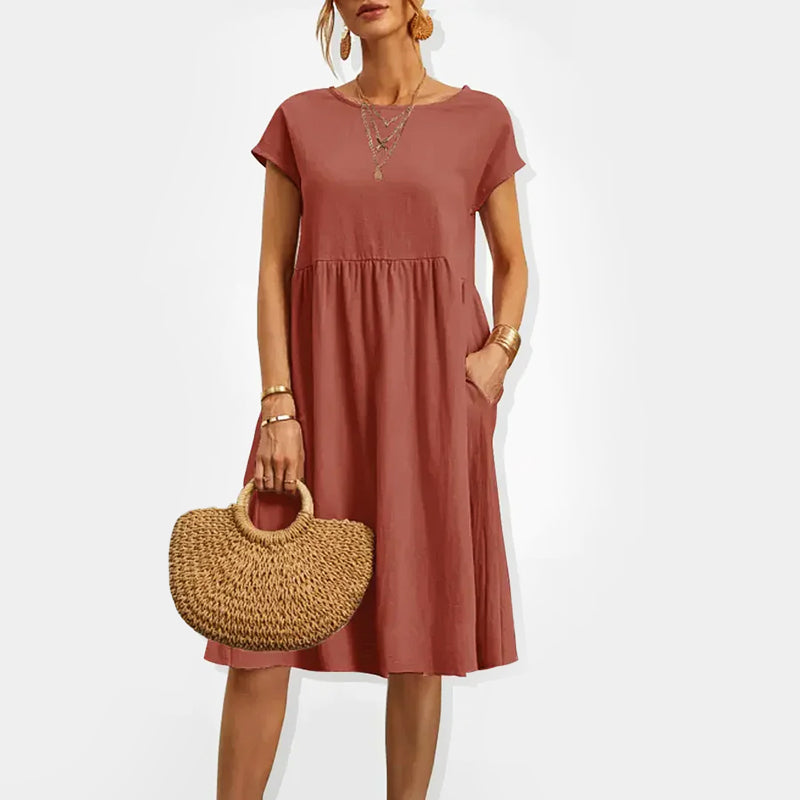 Alira - Women’s Cotton Midi Dress with Short Sleeves and Pockets
