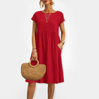 Alira - Women’s Cotton Midi Dress with Short Sleeves and Pockets