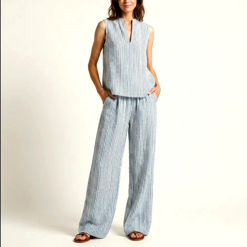 Amber - Cotton Striped Tank Top and Wide Leg Pants Set