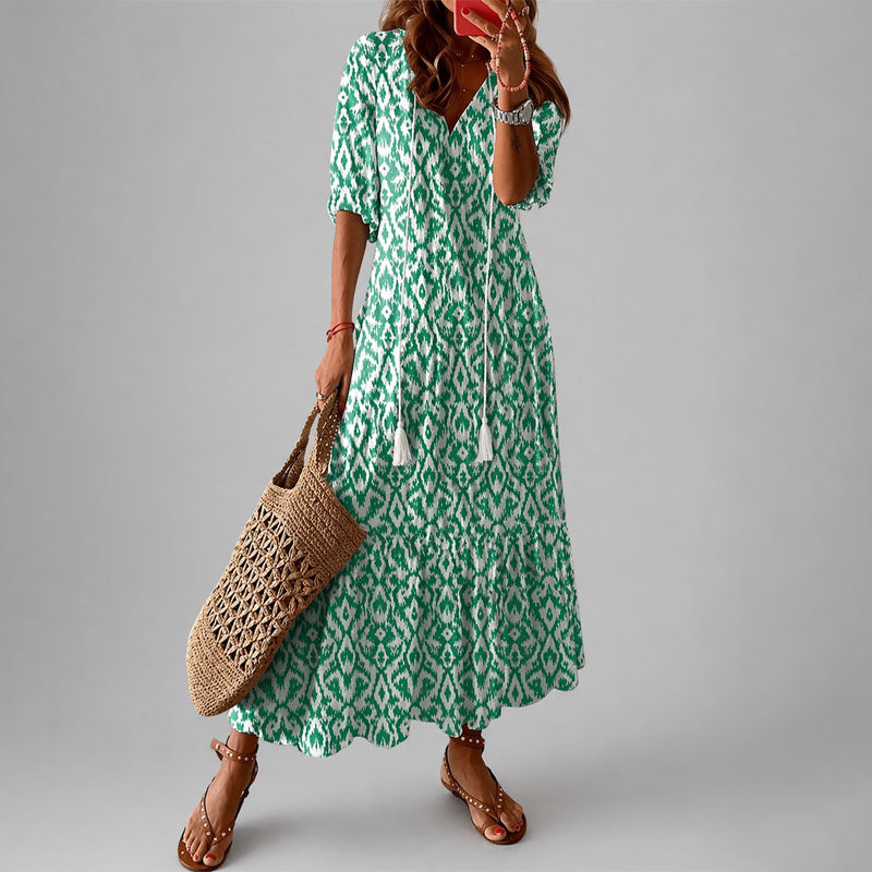 Annette - Women's Maxi Dress with Tassel Tie Neck