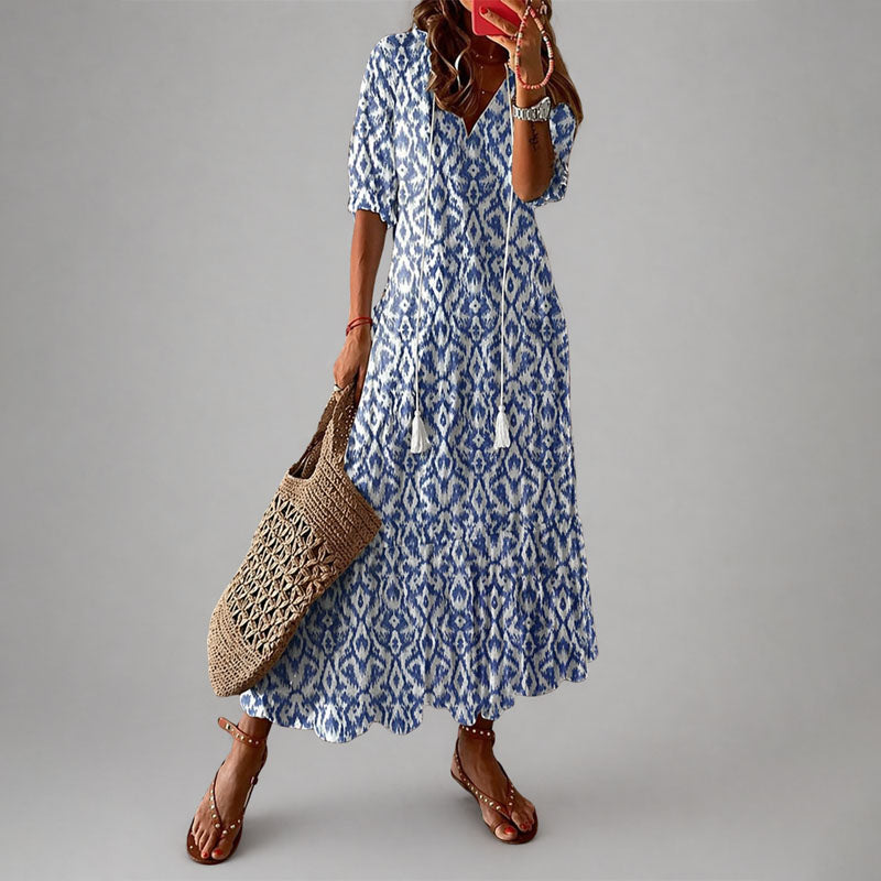 Annette - Women's Maxi Dress with Tassel Tie Neck