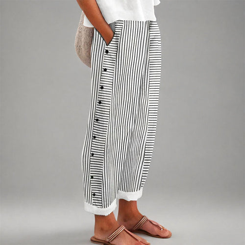 Aria - Women's Striped Button Detail Cropped Pants