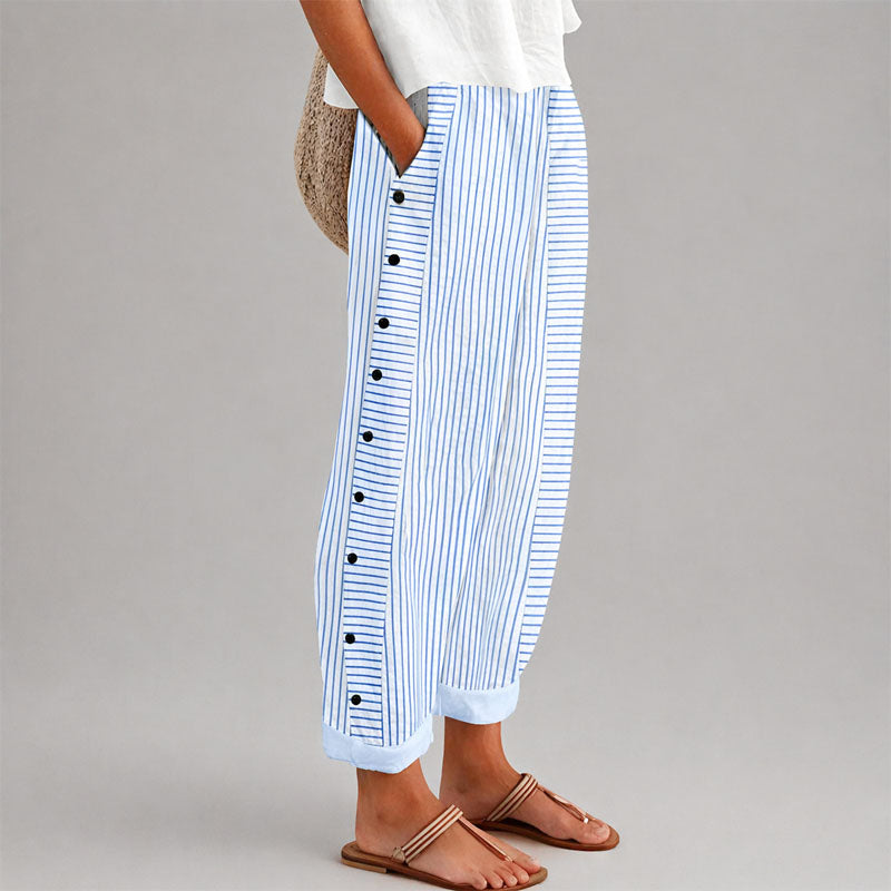Aria - Women's Striped Button Detail Cropped Pants