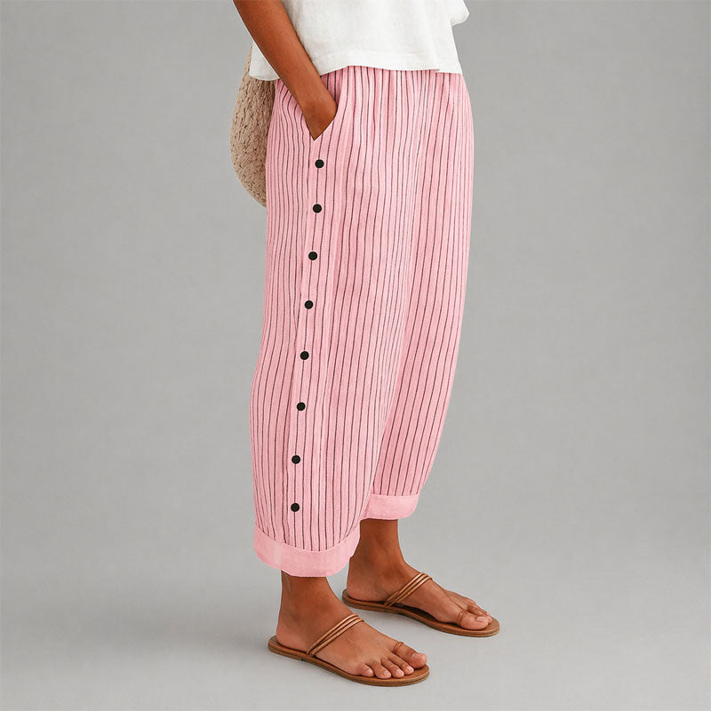 Aria - Women's Striped Button Detail Cropped Pants