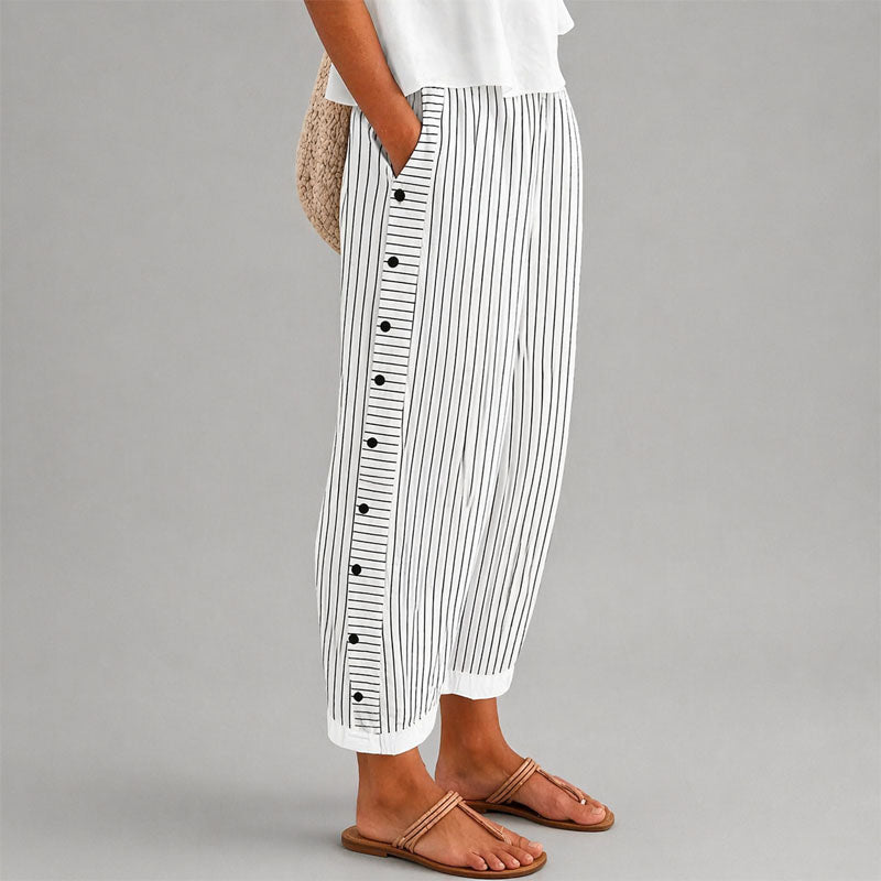 Aria - Women's Striped Button Detail Cropped Pants