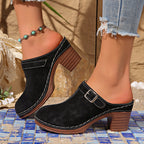 Aubrey - Low Heel Buckle Strap Mule Clogs