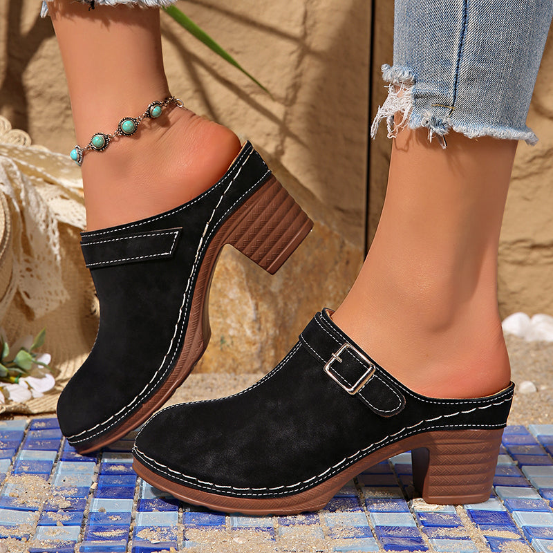 Aubrey - Low Heel Buckle Strap Mule Clogs