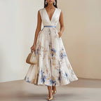 Aurora - V-Neck Pleated A-Line Midi Dress