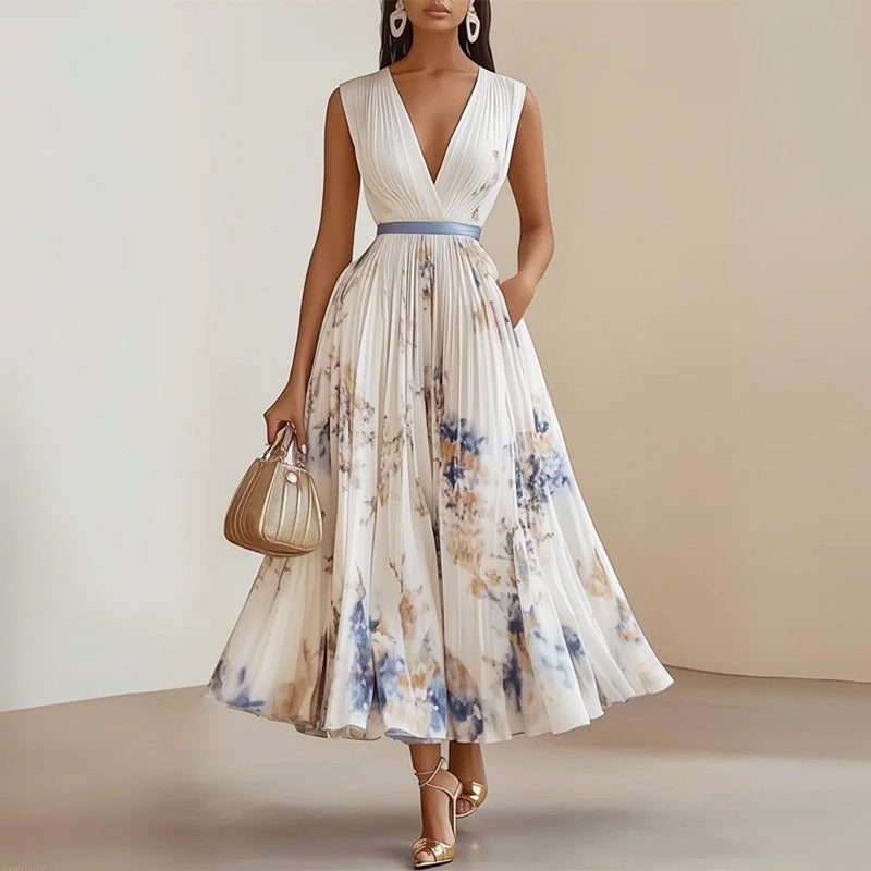Aurora - V-Neck Pleated A-Line Midi Dress