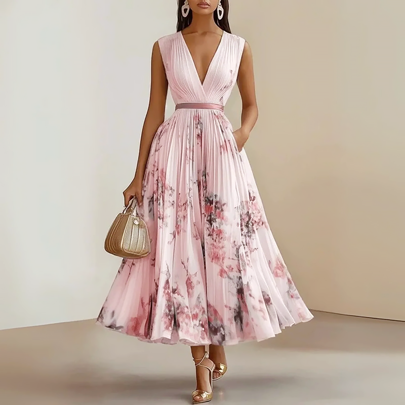 Aurora - V-Neck Pleated A-Line Midi Dress