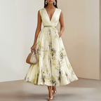 Aurora - V-Neck Pleated A-Line Midi Dress