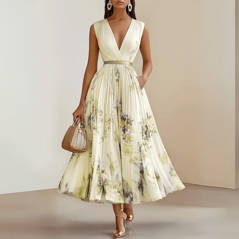 Aurora - V-Neck Pleated A-Line Midi Dress