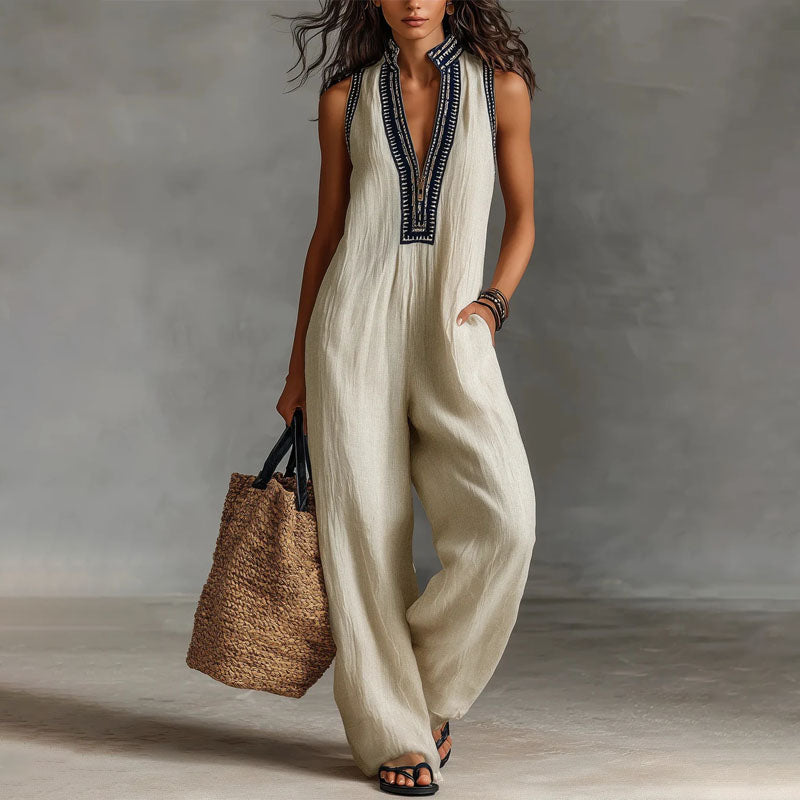 Becky - Women's Sleeveless Embroidered Neck Jumpsuit