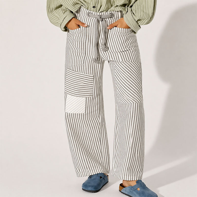 Beth - Women’s Patchwork Stripe Pants with Drawstring Waist