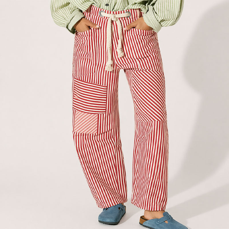 Beth - Women’s Patchwork Stripe Pants with Drawstring Waist