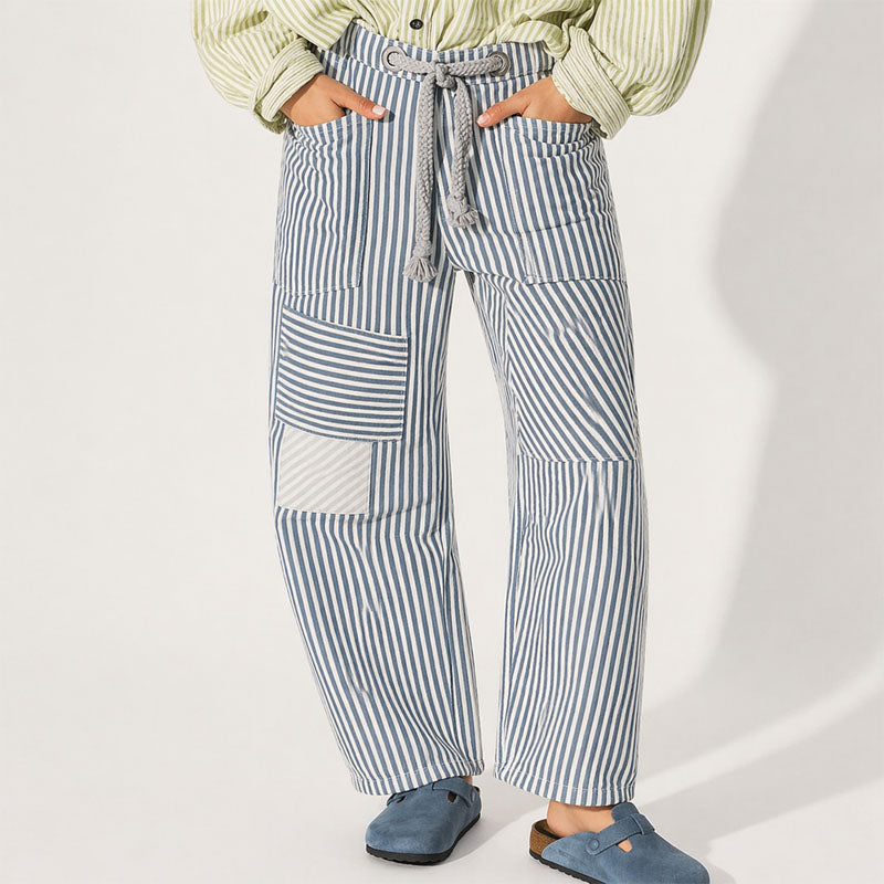 Beth - Women’s Patchwork Stripe Pants with Drawstring Waist