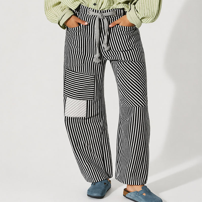 Beth - Women’s Patchwork Stripe Pants with Drawstring Waist