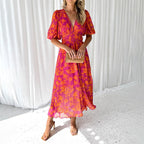 Bettina - Women's Flower Print Puff Sleeve Midi Dress
