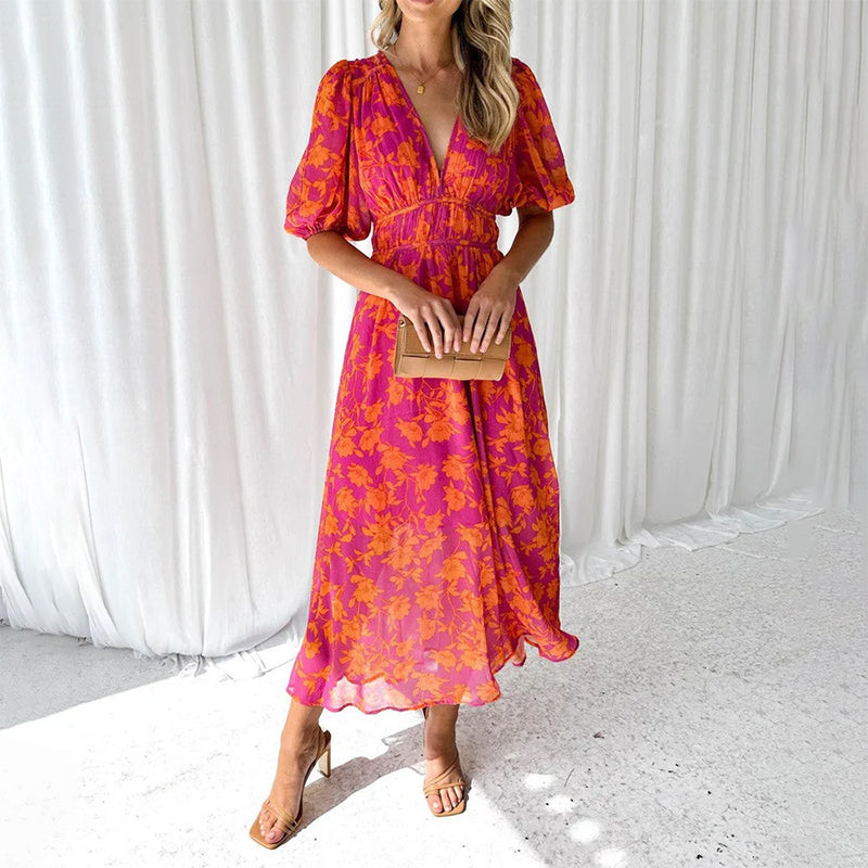 Bettina - Women's Flower Print Puff Sleeve Midi Dress