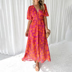 Bettina - Women's Flower Print Puff Sleeve Midi Dress