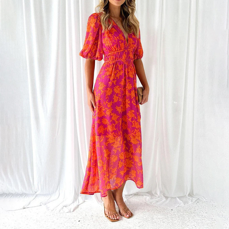 Bettina - Women's Flower Print Puff Sleeve Midi Dress