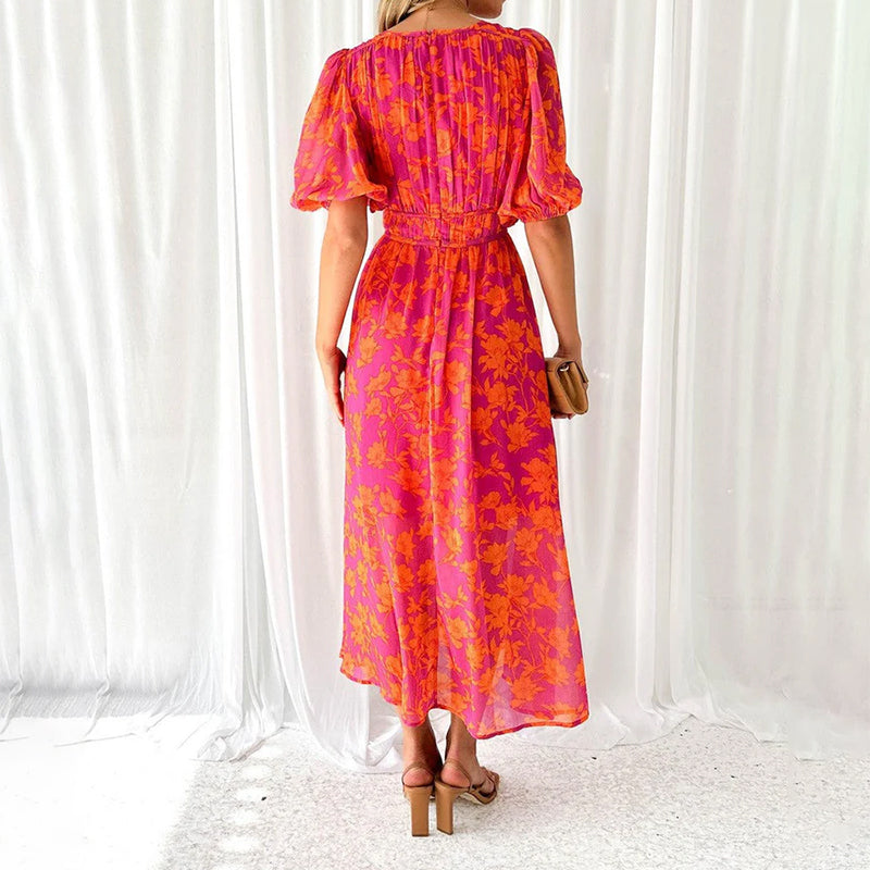 Bettina - Women's Flower Print Puff Sleeve Midi Dress