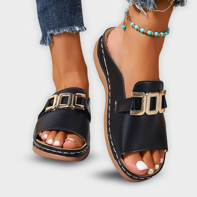 Camila - Slip-On Flat Sandals with Front Buckle