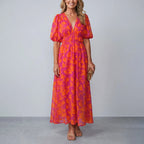 Camilla - Women’s V-Neck Floral Maxi Dress with Flowing Skirt