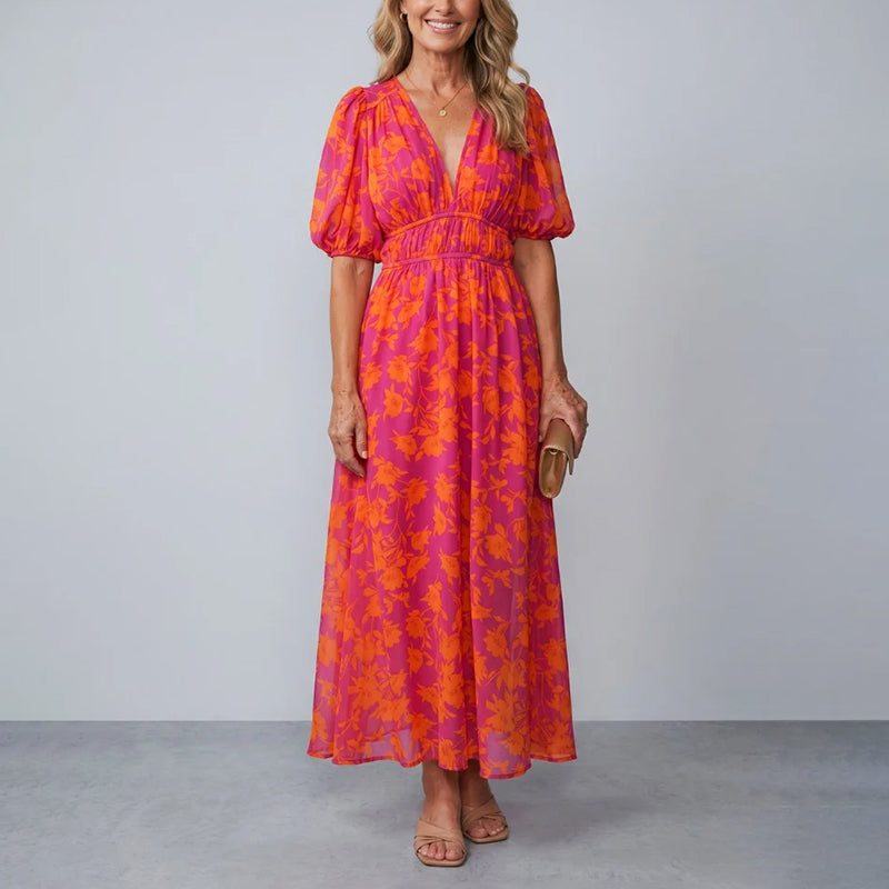 Camilla - Women’s V-Neck Floral Maxi Dress with Flowing Skirt