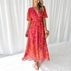 Camilla - Women’s V-Neck Floral Maxi Dress with Flowing Skirt