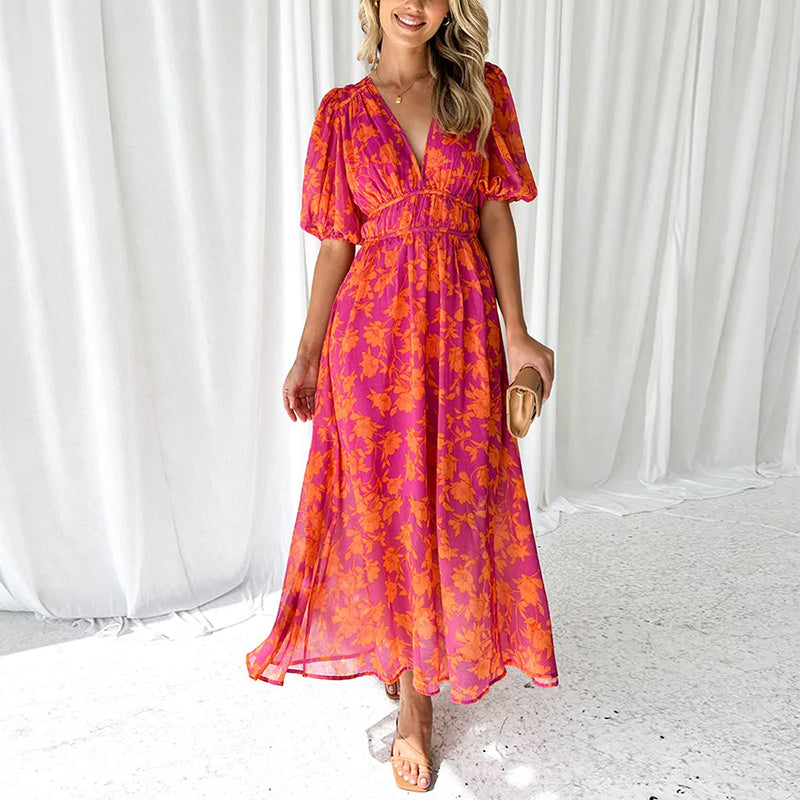 Camilla - Women’s V-Neck Floral Maxi Dress with Flowing Skirt