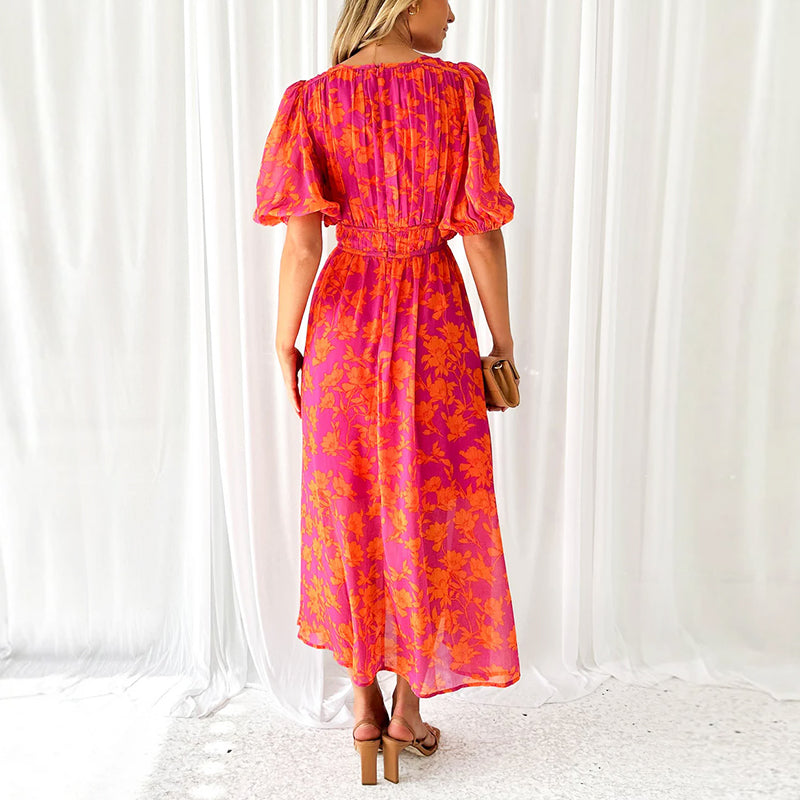 Camilla - Women’s V-Neck Floral Maxi Dress with Flowing Skirt
