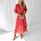 Camilla - Women’s V-Neck Floral Maxi Dress with Flowing Skirt