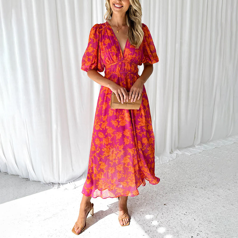 Camilla - Women’s V-Neck Floral Maxi Dress with Flowing Skirt