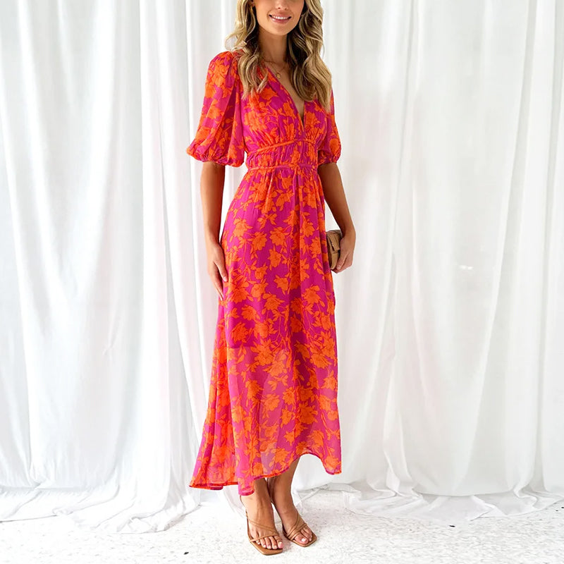 Camilla - Women’s V-Neck Floral Maxi Dress with Flowing Skirt