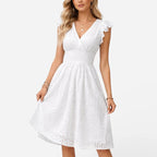 Caroline - Women's Eyelet Lace V-Neck Midi Dress