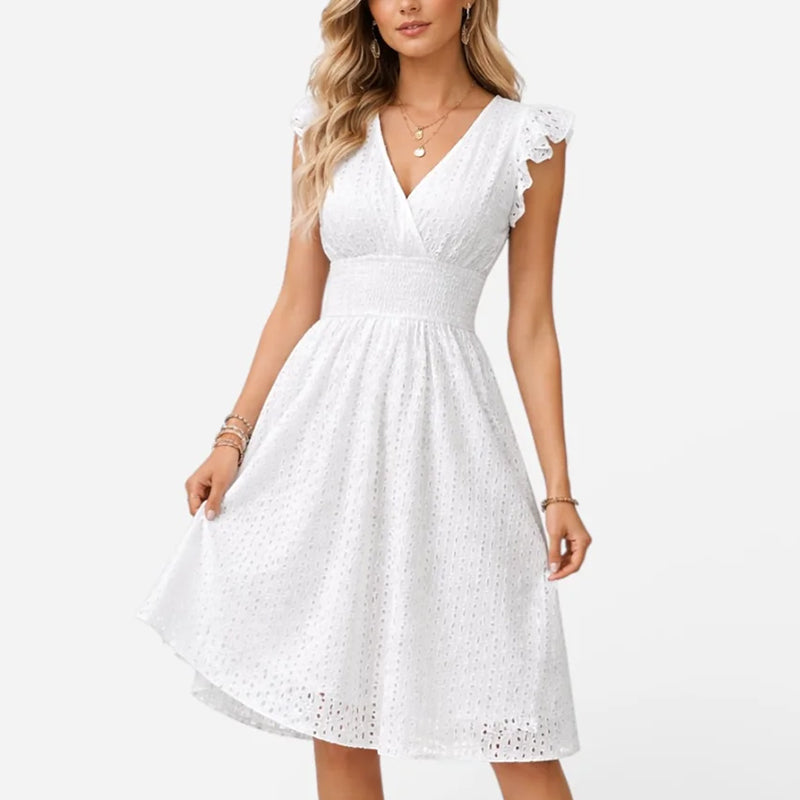 Caroline - Women's Eyelet Lace V-Neck Midi Dress