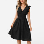 Caroline - Women's Eyelet Lace V-Neck Midi Dress