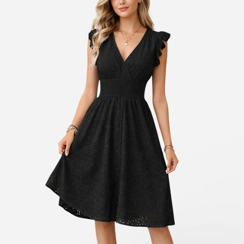 Caroline - Women's Eyelet Lace V-Neck Midi Dress