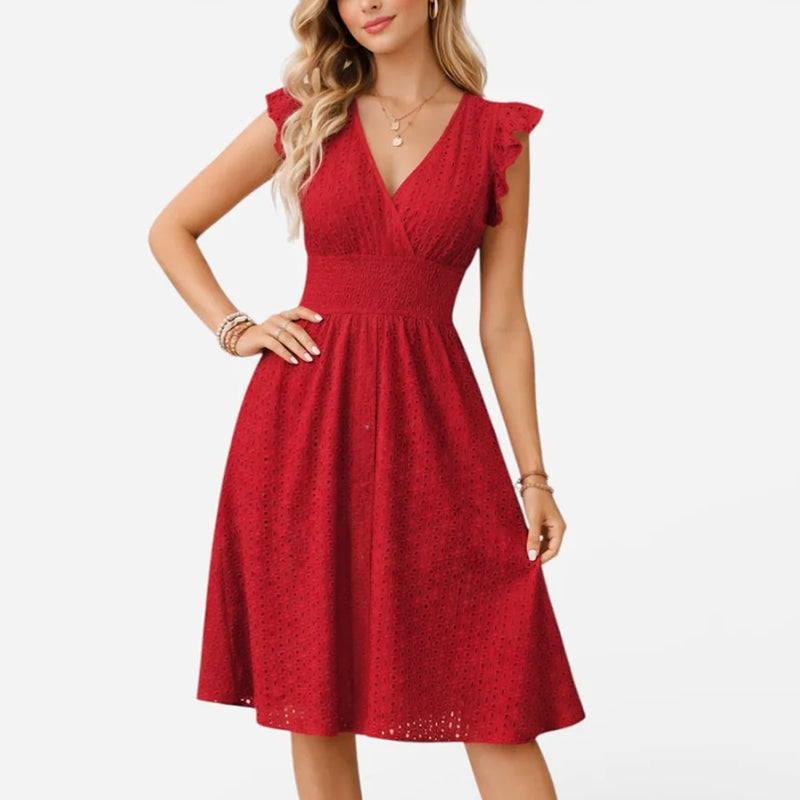 Caroline - Women's Eyelet Lace V-Neck Midi Dress