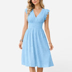 Caroline - Women's Eyelet Lace V-Neck Midi Dress